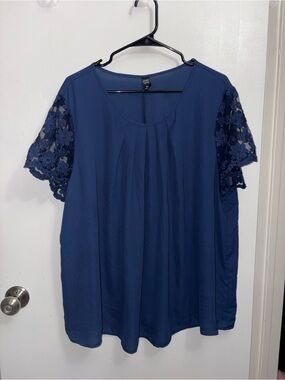 Lace-Sleeve Navy Blouse with Front Pleats